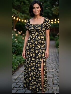 Ranlege Floral Maxi Dress in Black and Yellow